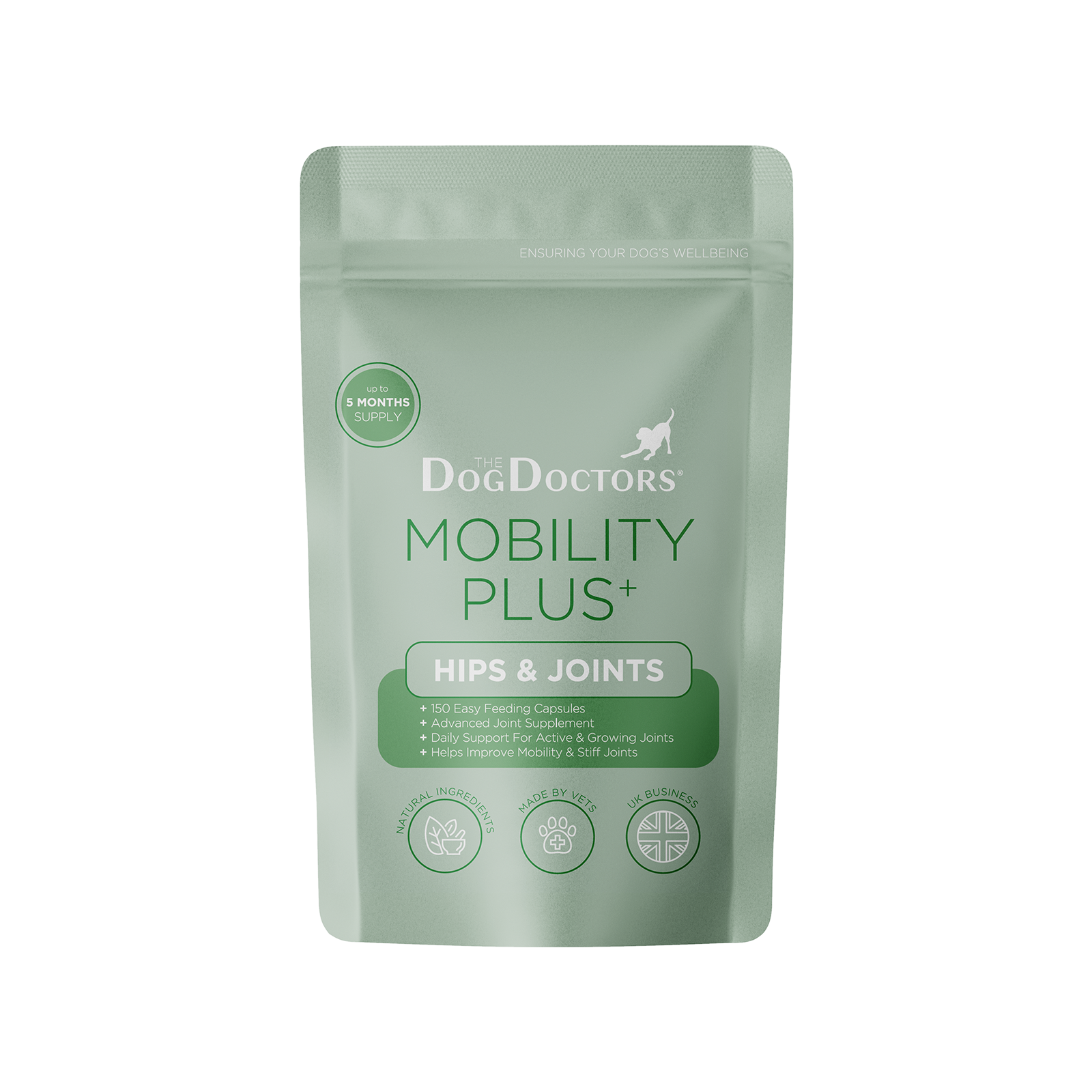Packaging for The Dog Doctors Mobility Plus Hips & Joints supplement, featuring text and icons indicating joint support for dogs.